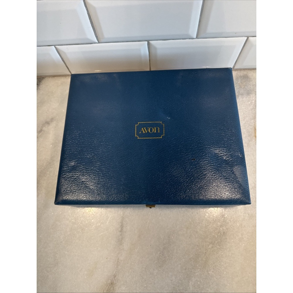 Vintage Avon Blue Gold Lettering Jewelry Box Blue Velvet Display Box Case